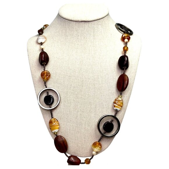 Chunky Beaded Polished Stone Necklace Earthy Boho Brown Amber Silver Tone Long - Picture 1 of 6